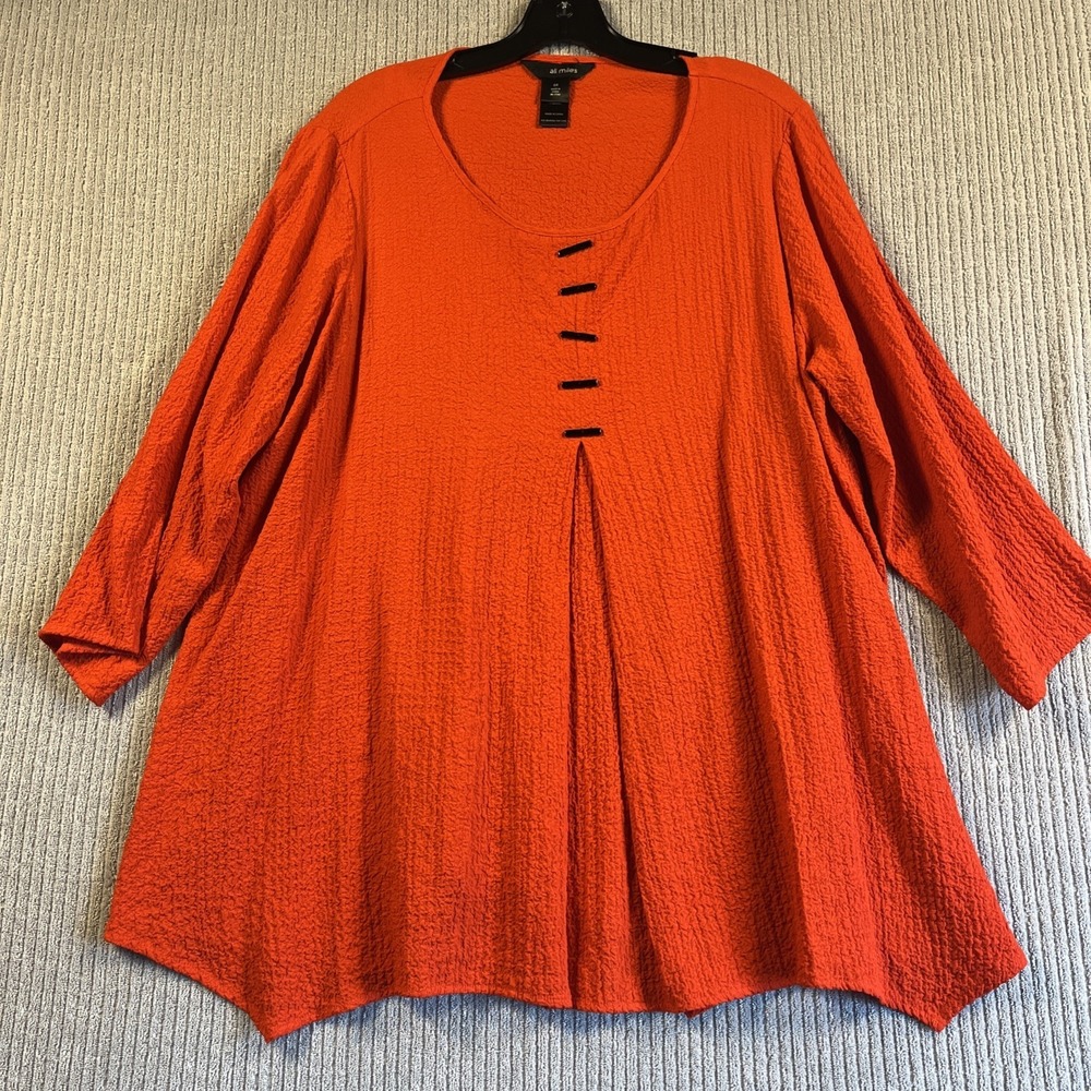 Ali‎ Miles Top Women's OX Bright Orange Babydoll 3/4 Sleeve Flowy Sharkbite Hem